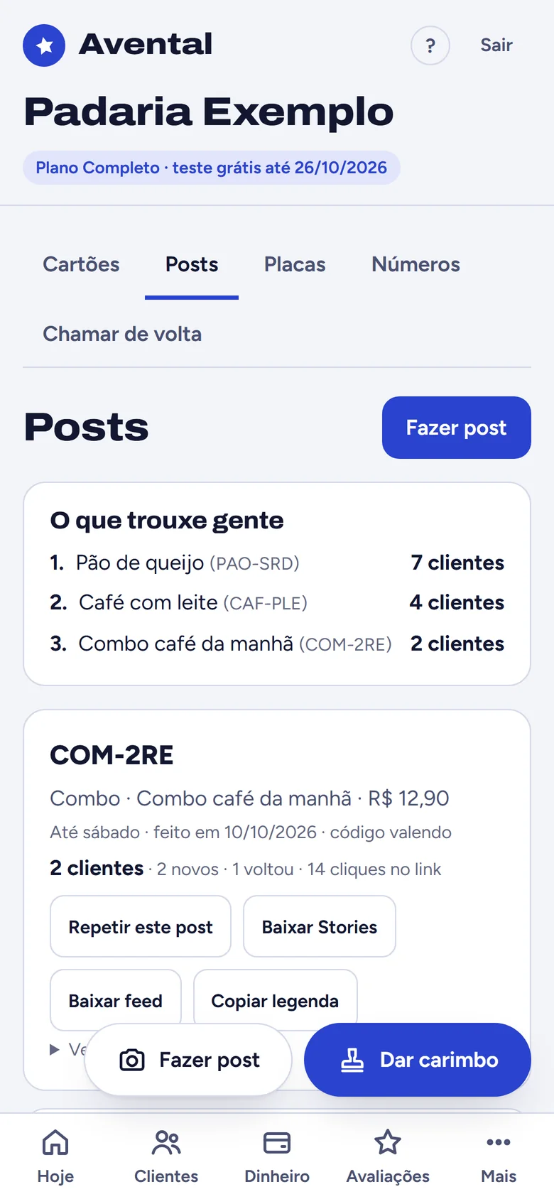 Tela de posts: o post do pão de queijo trouxe 7 clientes